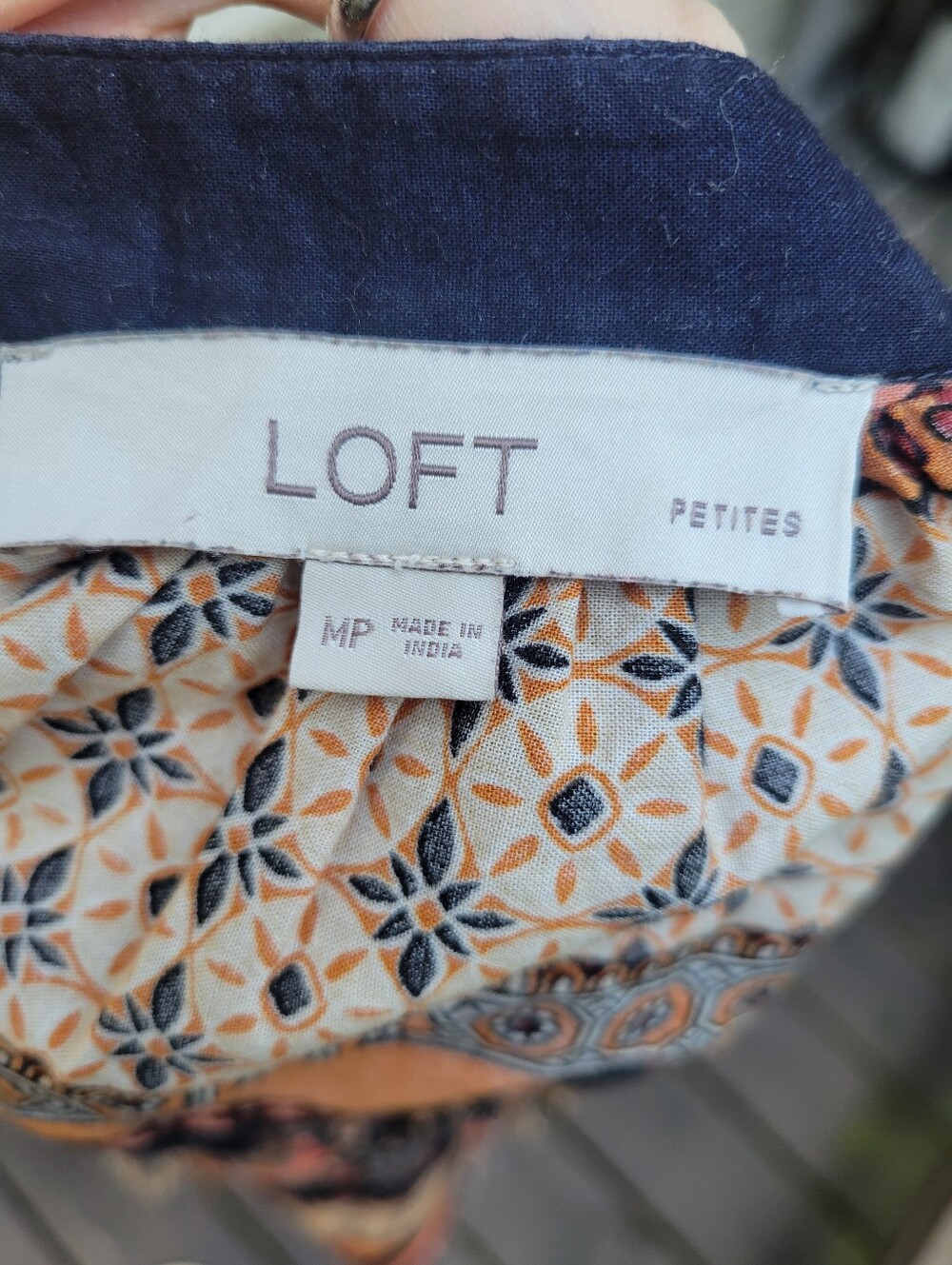 LOFT Navy Blue, Orange & Cream Patterned Peasant Blouse - Picture 5 of 7